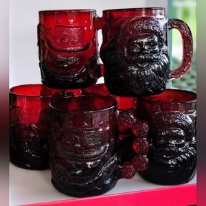 Vtg. Ruby Red Snowman and Santa Arcoroc Glass Mugs 10 oz, Set of 7 France